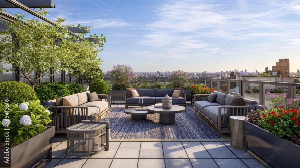 A rooftop terrace provides a tranquil outdoor workspace complete with comfortable seating and potted plants perfect for a change of scenery during the workday.