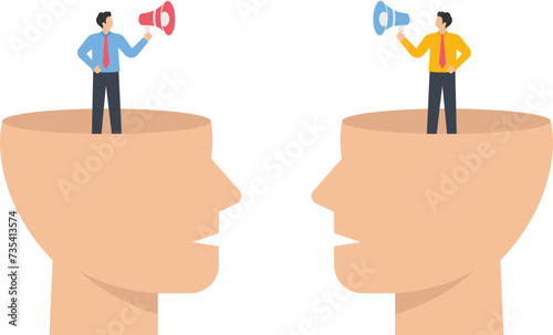 Businessman use megaphone in human head, Loudspeaker communication for marketing concept, 
