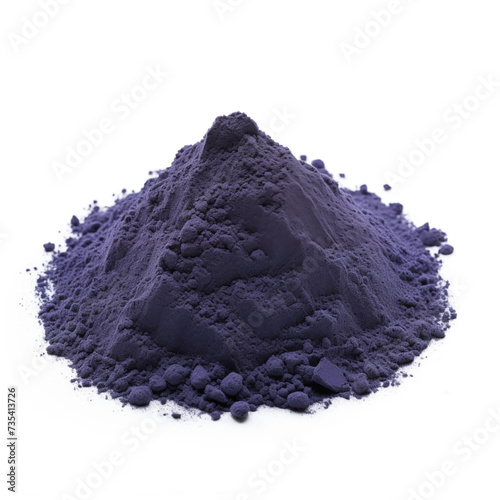 close up pile of finely dry organic fresh raw wild indigo root powder isolated on white background. bright colored heaps of herbal, spice or seasoning recipes clipping path. selective focus photo