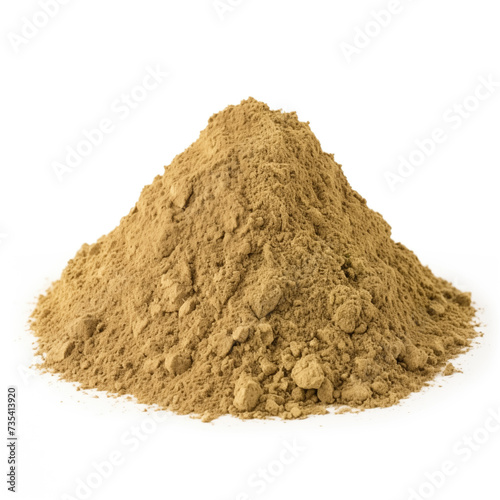 close up pile of finely dry organic fresh raw wood betony herb powder isolated on white background. bright colored heaps of herbal, spice or seasoning recipes clipping path. selective focus