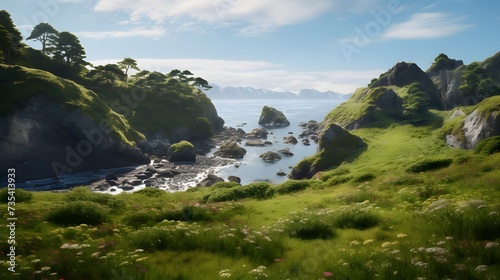 A photorealistic landscape created entirely by an AI algorithm  showcasing stunning natural scenery with lifelike accuracy.