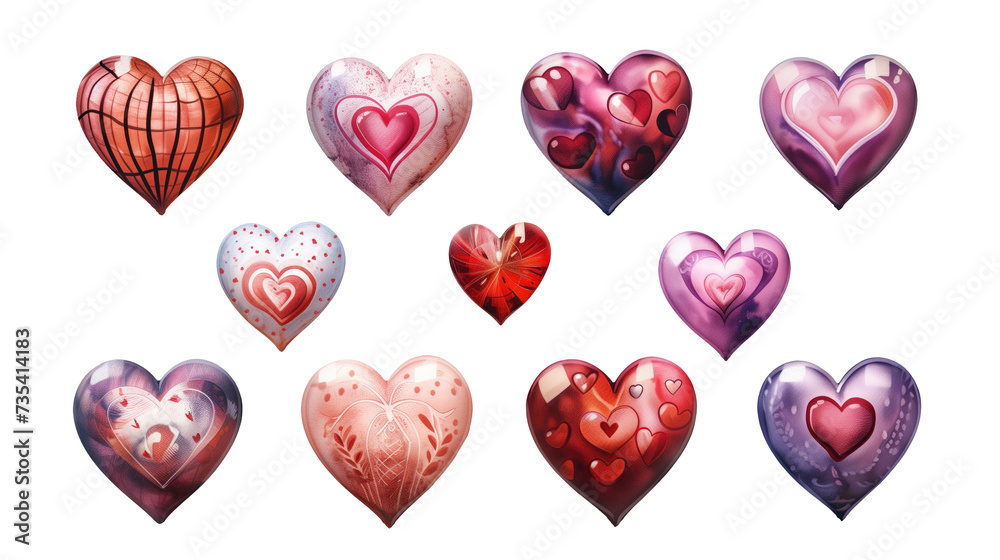 Set of different watercolor hearts on a transparent background. Clipart PNG.