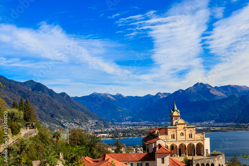 View of Madonna del Sasso monastery and lake Maggiore at Locarno, Switzerland