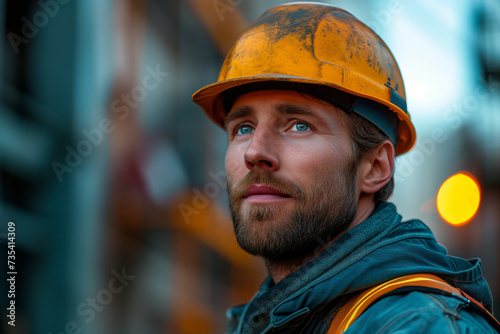 Construction engineer in hard hat and blue jacket
