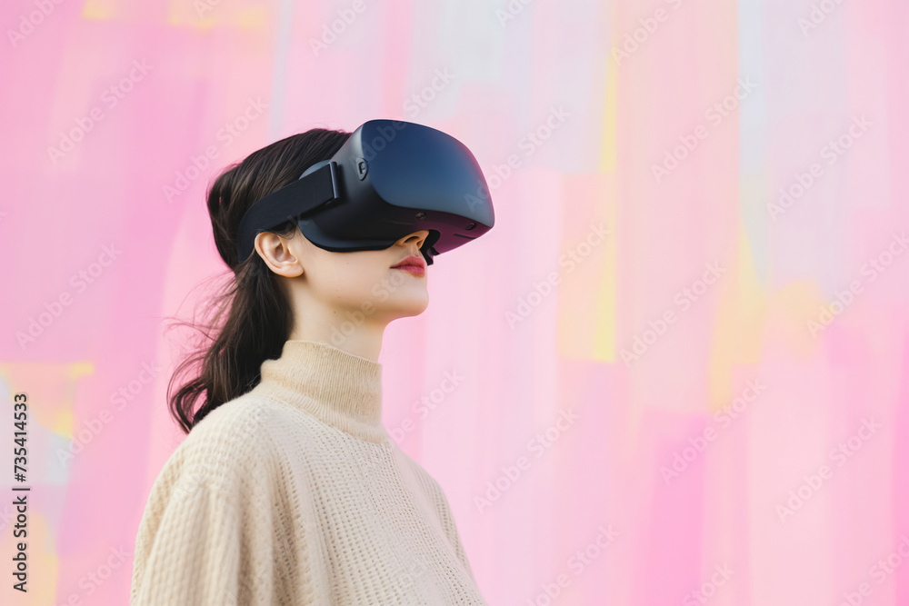 A woman with a VR headset stands against a colorful background, looking upwards with a contemplative expression.