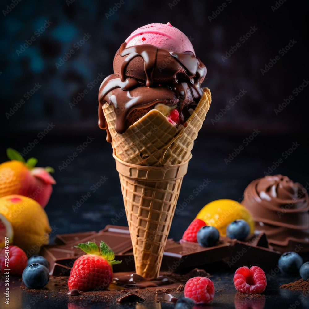 Ice-cream in cone standing on the table