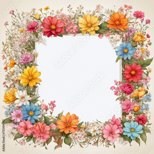 Frame with pink flowers and white blank center. AI Generated.
