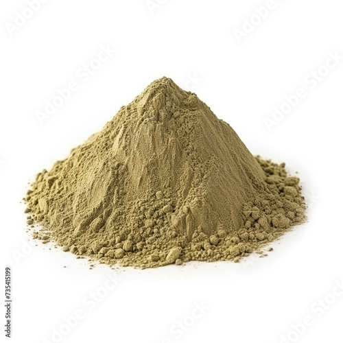 close up pile of finely dry organic fresh raw yerba mate powder isolated on white background. bright colored heaps of herbal, spice or seasoning recipes clipping path. selective focus