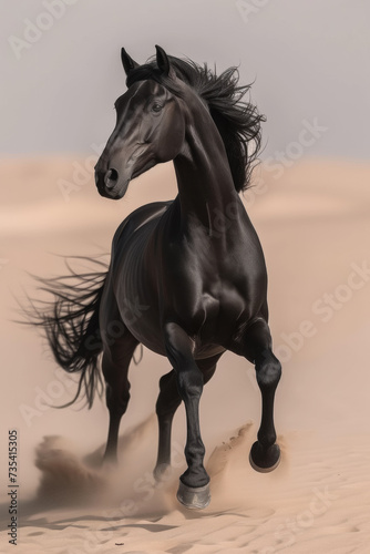 A black horse standing on its hind legs in the desert. Black horse runs on the sand in the desert.