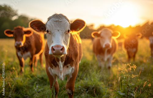 Young calves are grazing in meadow at sunset. A group of brown and white cows graze in the field.