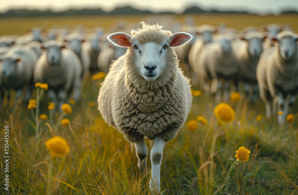 Fototapeta premium Many sheep walking in a grassy field. Sheep stands in field of yellow flowers with herd of sheep in the background