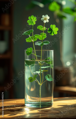 Green Water Clover leafs in glass of water on wooden table in the sunlight. Clover or trefoil medicinal herbs.