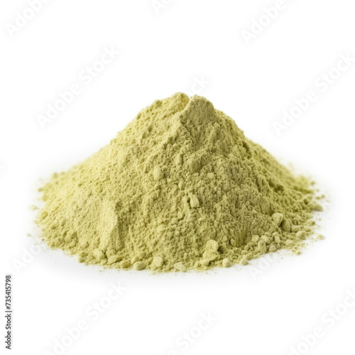 close up pile of finely dry organic fresh raw zucchini powder isolated on white background. bright colored heaps of herbal, spice or seasoning recipes clipping path. selective focus