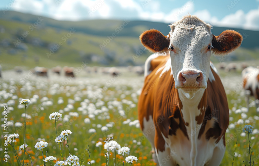 Cows on summer pasture. A group of brown and white cows graze in the field