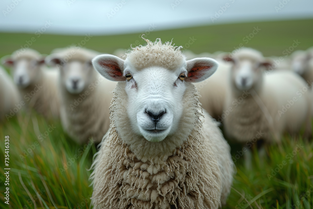 Fototapeta premium A group of sheep are in the grass. Sheep stares at the camera with other sheep in the background