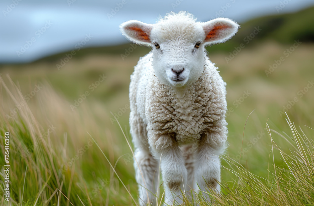 Obraz premium Small lamb looks at the camera while standing in grassy field