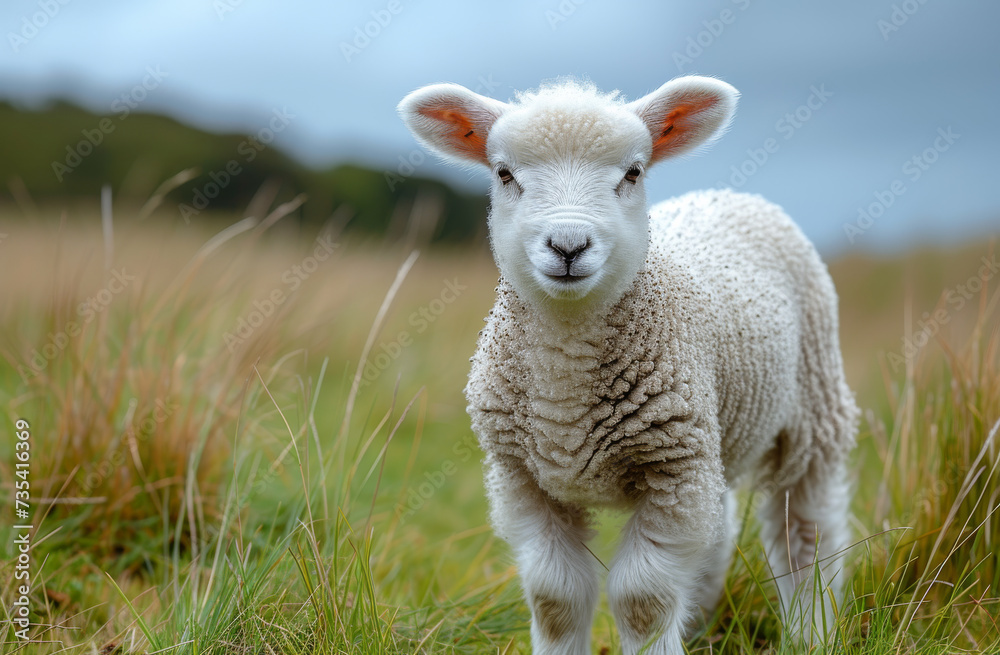 Fototapeta premium Small lamb looks at the camera in grassy field. A lamb standing in the grass with a large white head