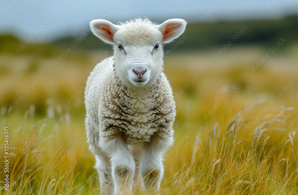 Fototapeta premium Small lamb looks at the camera while standing in field of tall grass