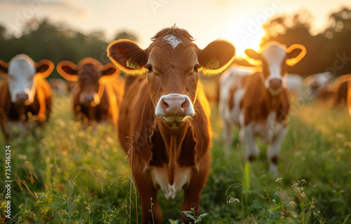 A group of brown and white cows graze in the field. Cows standing in field at sunset