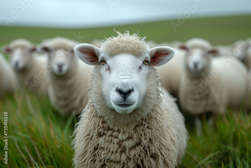 A group of sheep are in the grass. Sheep stares at the camera with other sheep in the background