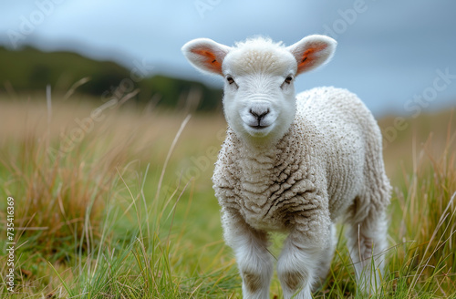 Small lamb looks at the camera in grassy field. A lamb standing in the grass with a large white head
