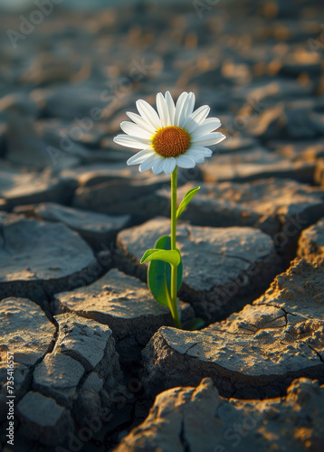 Lonely daisy grows in dried up empty quarter. A single white daisy is growing through cracked ground © Анна Терелюк