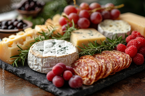Cheese plate served with grapes jam crackers and nuts on wooden background