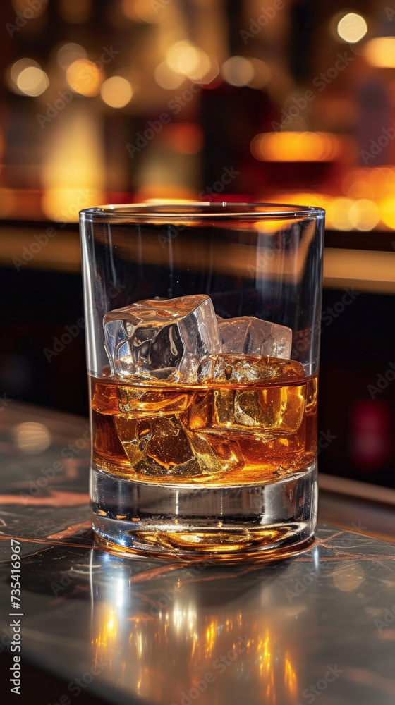 Glass of whiskey with ice cubes on the bar counter. Glass of whiskey with ice on bar counter Glass of whiskey with ice cubes on the bar counter. Glass of whiskey with ice on bar counter