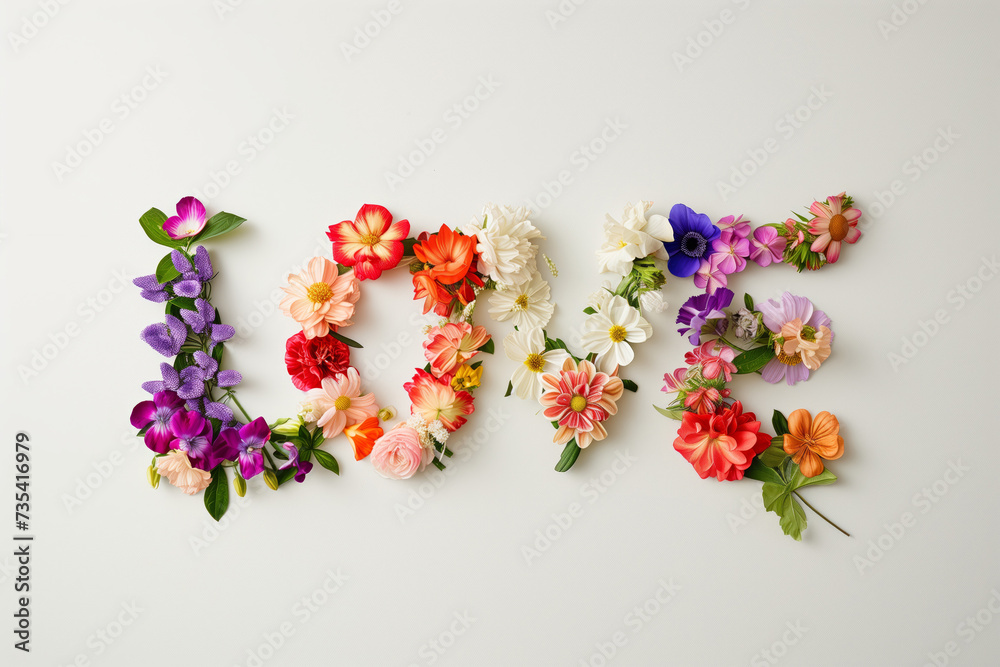 The inscription of love consists of flowers on a light background