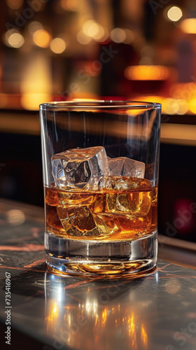 Glass of whiskey with ice cubes on the bar counter. Glass of whiskey with ice on bar counter