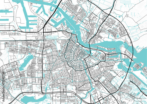 Street map art of Amsterdam city in Netherlands. Road map of Holland. Black and white (blue)
