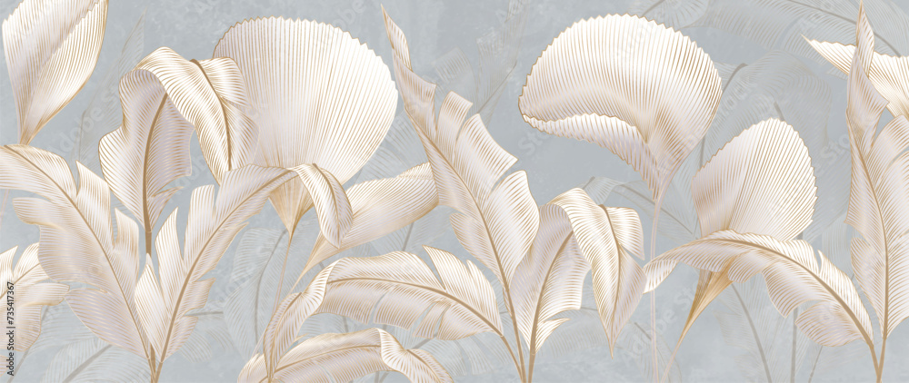 Luxury botanical art background with white leaves of tropical plants with golden line elements. Vector banner with exotic plants for decoration, print, wallpaper, textile, interior. - obrazy, fototapety, plakaty 
