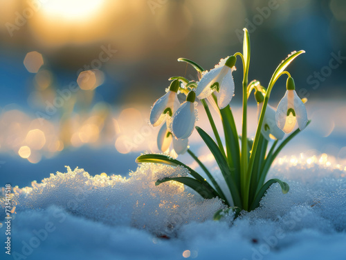 Beautiful white snowdrops in the snow in the rays of the rising sun. Snowdrops