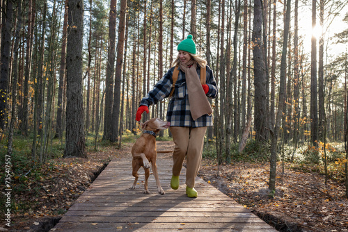 Cheerful loving middle age dog owner spends free time in pine forest hiking, walking with fur friend. Purebred pet magyar vizsla running, jumping, frisking around. Smiling female fondles beloved puppy photo