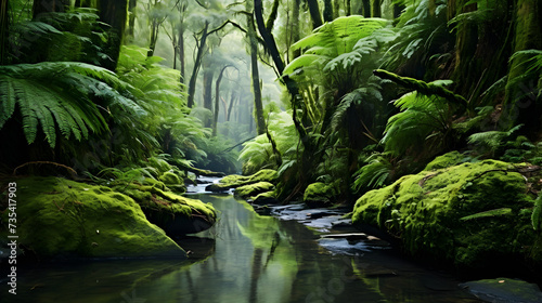 A painting of a swamp with lily pads and trees,, Nature outdoor wild landscape forest jungle river scene. Adventure travel explore vibe. © Abdul