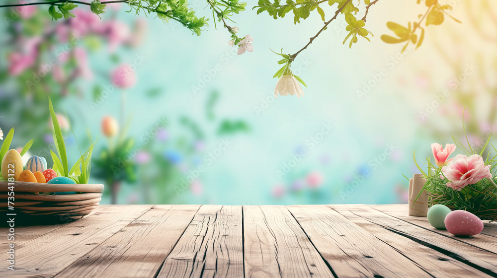 wooden table with colorful Easter eggs, spring sunny morning wooden table with colorful Easter eggs, spring sunny morning