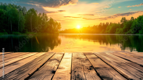 Wooden empty pier overlooking the lake at sunset on a summer evening