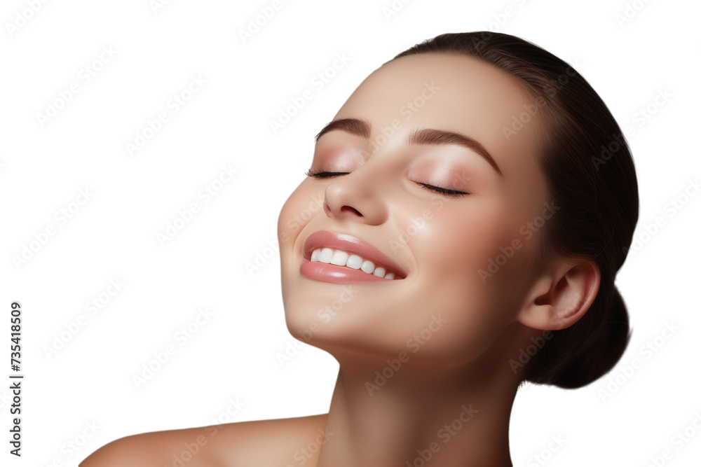 Obraz premium Portrait of young beautiful woman with perfect smooth skin isolated over white background. Perfect face, taking care after skin condition. Isolated on a transparent background.