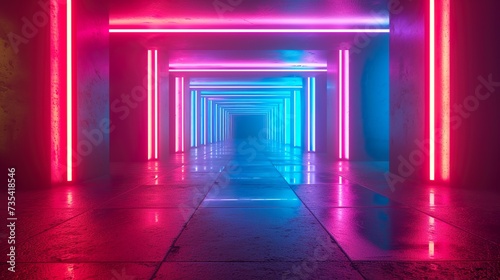 3d render  abstract neon background  space tunnel turning to left  ultra violet rays  glowing lines  virtual reality jump  speed of light  space and time strings  highway night lights