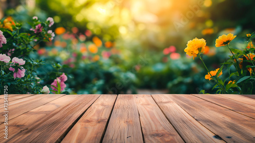 Spring or summer background with empty wooden table. Copyspace