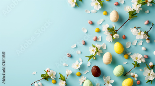Easter background with colorful eggs and feathers