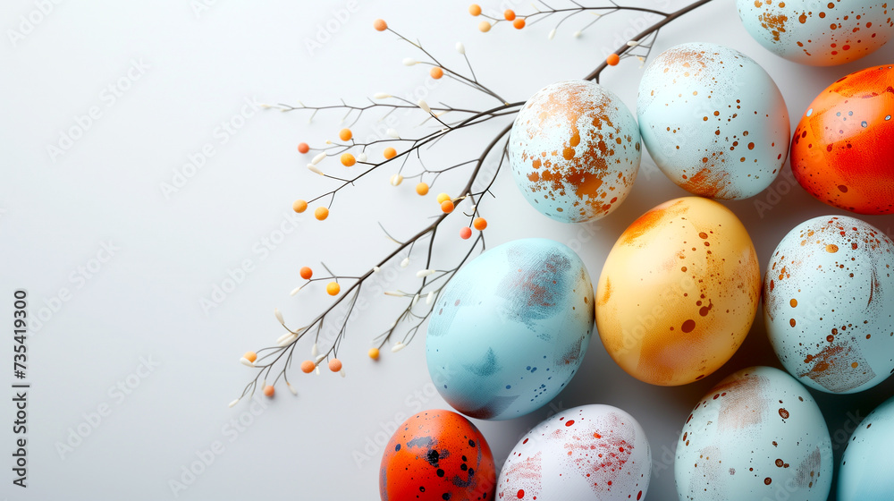 Easter eggs with willow branches on a white background Easter eggs with willow branches on a white background