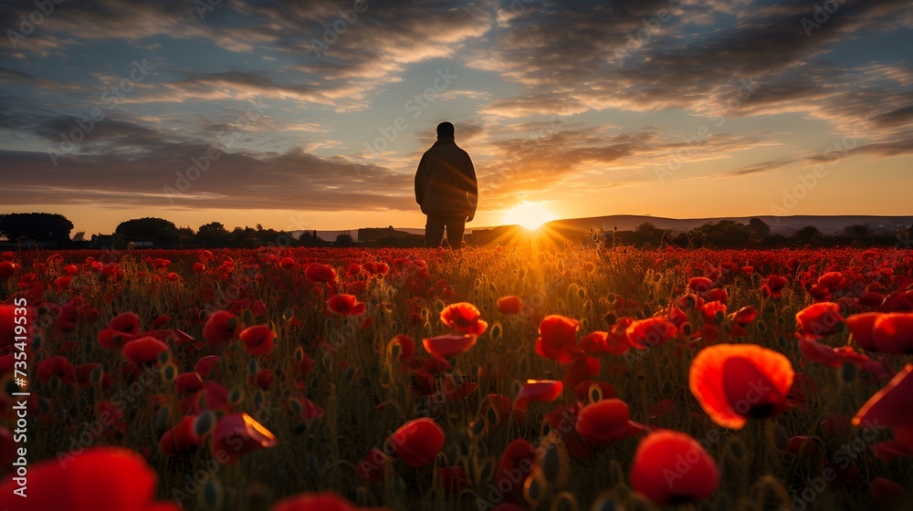 A serene sunrise over a field of poppies, with a lone soldier paying respects at a war memorial. - obrazy, fototapety, plakaty 