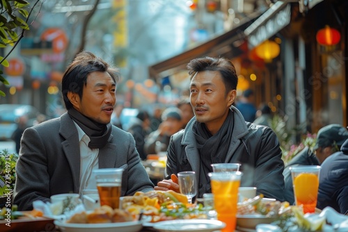 Smiling Asian business people having a lunch outdoors. They are smiling and having positive emotion while they talk  © Creative Sparks