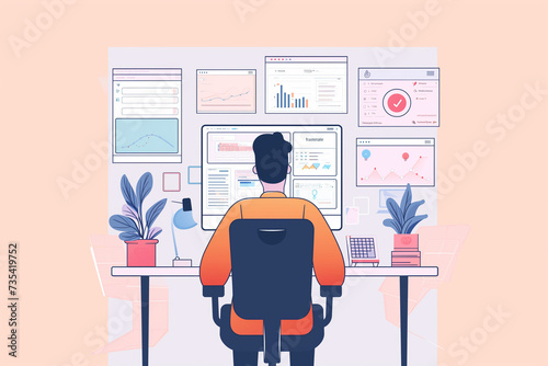Tech-savvy person seated in a chair and working on computer device isolated in colorful background, business infographic elements, man works with charts and graphs, data analyze and Big data concept