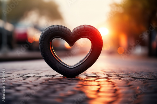 Car tire in heart shape on defocused traffic background