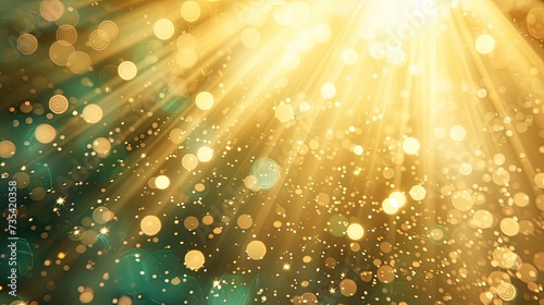 Golden and green background with sunrays and bokeh effect. photo