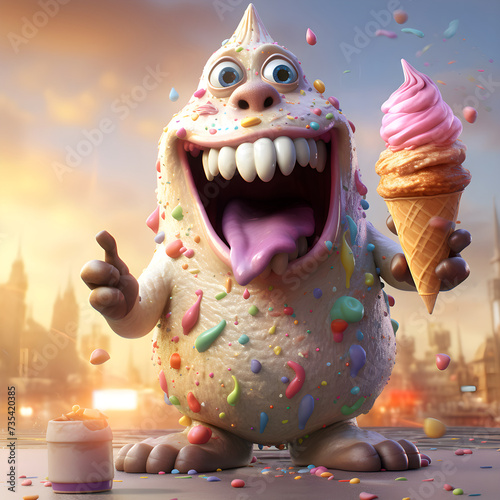 Friendly Ice Cream Monster. Meet a friendly ice cream monster adorned with rainbow sprinkles and chocolate chip teeth.