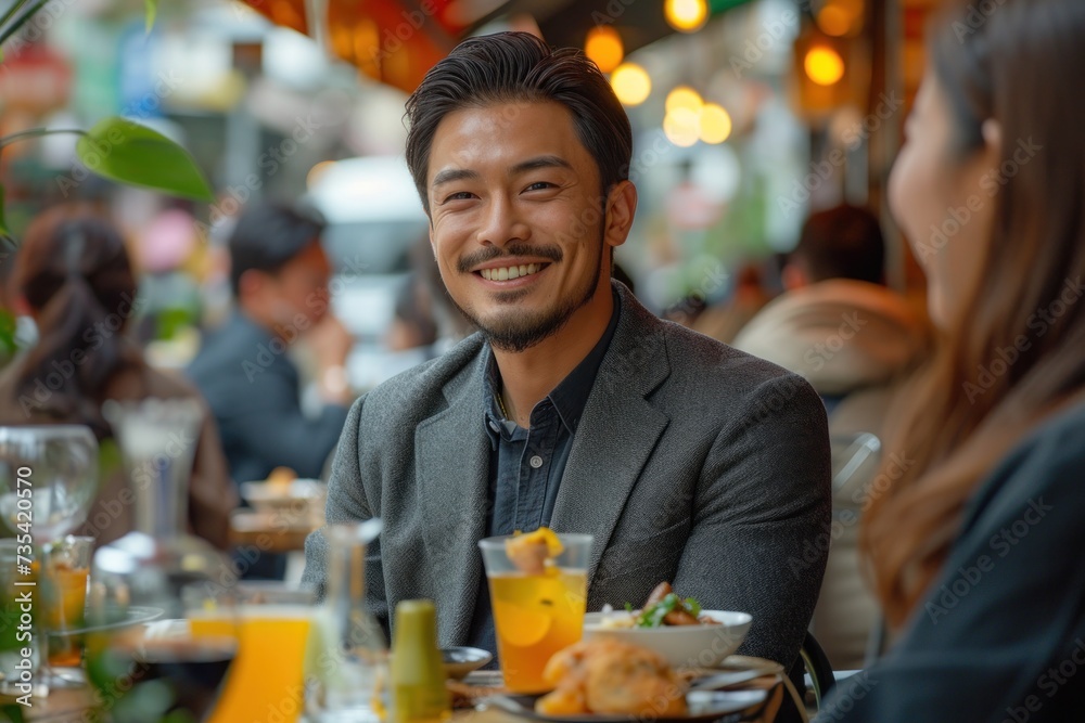 Portrait of a smiling Asian businessman eating lunch. He is looking at the camera 