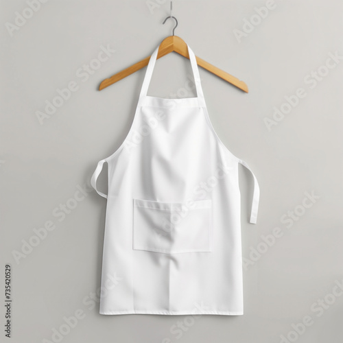 A white blank apron on hanger, isolated on on light background. Kitchen blank apron.with empty space for logo, text. photo